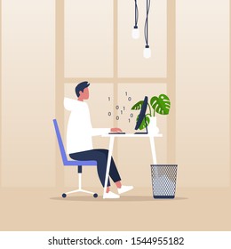 Front end development, young male character writing a binary code on a desktop computer in a modern office