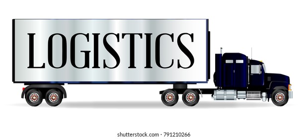 The front end of a large lorry over a white background with logistics inscription