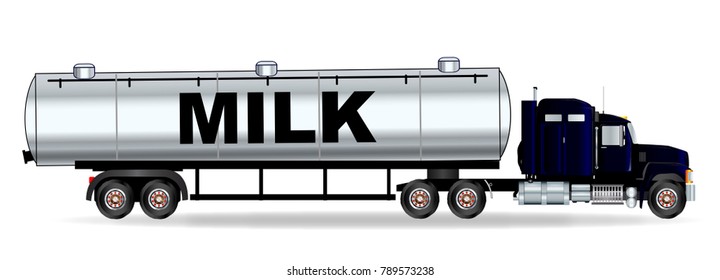 The front end of a large milk truck over a white background