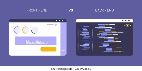 Front End vs. Back End Development. UI UX vs programming. coding and scripting education. front end developer vs back end programmer. Application and software development. 