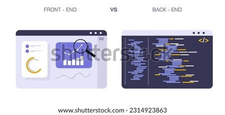 Front End vs. Back End Development. UI UX vs programming. coding and scripting education. front end developer vs back end programmer. Application and software development. 