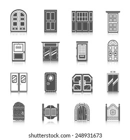 Front entrance door modern house room entrance and safe icons black set isolated vector illustration