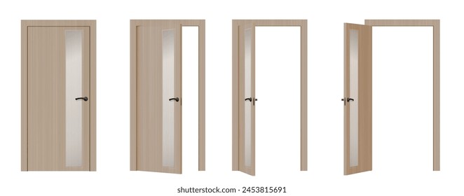 Front entrance door opening steps. Realistic 3d vector illustration set of close, ajar and open wooden gate with metal handle. Brown wood and glass home room or office interior doorway frame sequence.