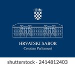 front facade of building of the Croatian parliament in Zagreb and Croatian coat of arms, vector linear drawing