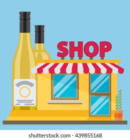 The Front Facade Of The Liquor Store. Flat Style. Vector Illustration.