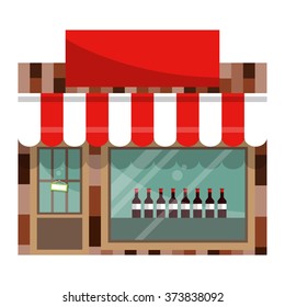 The front facade of the liquor store with a large shop window. Flat style. Vector illustration.