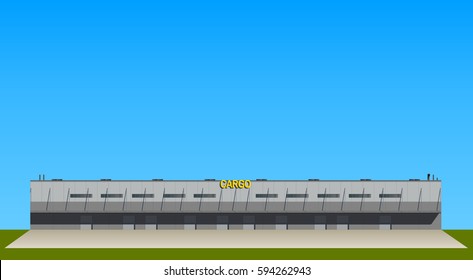 Front facade skyline view of cargo freight terminal storage building with large cargo title letters on wall windows room interior against blue sky panoramic architecture background vector illustration