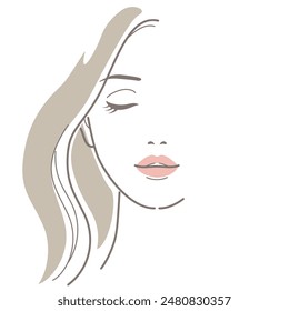 Front face of woman with eye closed. Illustration without skin color. Beauty, fashion, makeup, skincare concept. Vector illustration in line drawing, isolated on white background.