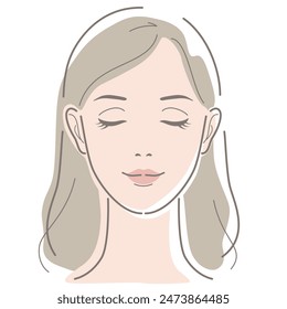 Front face of woman with long hair closes her eyes. Beauty, fashion, makeup, skincare concept. Vector illustration in line drawing, isolated on white background.