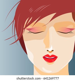 Front face of woman with short red hair, with closed eyes in vectors