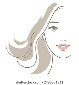 Cara frontal de mujer sonriendo con los ojos abiertos. Ilustración sin color de piel. Belleza, moda, maquillaje, concepto de cuidado de la piel. Ilustración vectorial en línea de dibujo, aislado sobre fondo blanco.