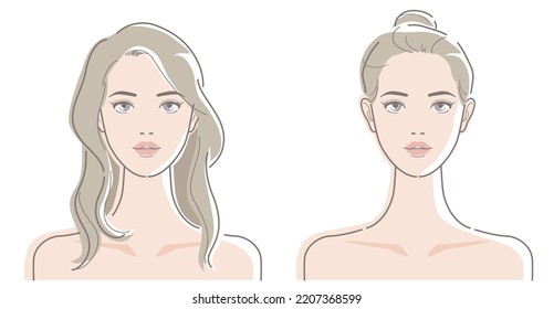 Front face of young women. Long hair and up in a bun. Beauty, fashion, makeup, skincare concept. Vector illustration in line drawing, isolated on white background.