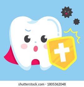 Front facing hero tooth character holding a shield. Easily editable vector art.
