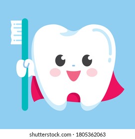 El personaje del diente de héroe frontal tiene un cepillo de dientes. Arte vectorial fácilmente modificable.
