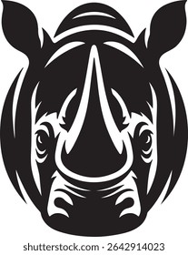 Front facing rhinoceros silhouette with a prominent horn, designed to convey power and presence in bold wildlife graphic projects.