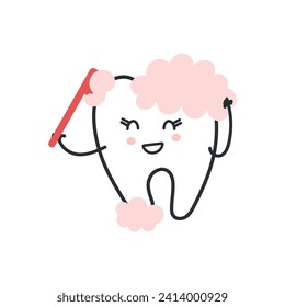 Front facing tooth character brushing itself. Easily editable vector art. Clean tooth with a foam, cute vector icon illustration. Concept of medical cabinet, children dentistry.