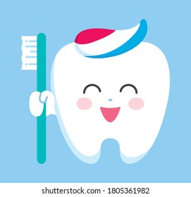Front facing tooth character laughing holding a toothbrush. Easily editable vector art.