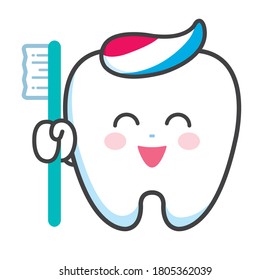 Front facing tooth character laughing with a toothbrush. Easily editable vector art.
