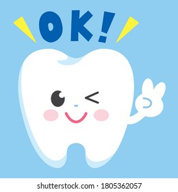Front facing tooth character smiling and giving an OK sign. Easily editable vector art.
