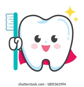 Front facing tooth hero character holding a toothbrush. Easily editable vector art. 