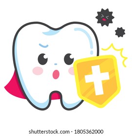 Front facing tooth hero character holding a shield. Easily editable vector art. 