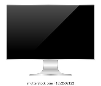 front of flat monitor black screen computer, pc display digital wide screen and slim, icon of monitor modern lcd, symbol 3d modern screen, mock up full screen desktop empty isolated white background