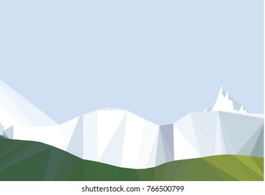 front of a glacier with green foreground in low poly style