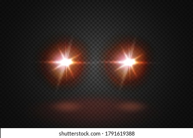  Front glowing beams of the car .Realistic blue rays round transport headlights in smoke,  fog or dust.Isolated on black background.