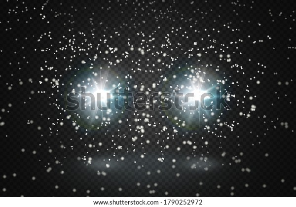  Front glowing beams of the car in the\
snow.Realistic blue rays round transport headlights in smoke,  fog\
or dust.Isolated on black\
background.