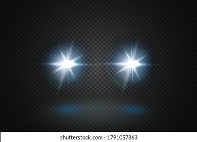  Front glowing beams of the car.Realistic blue rays round transport headlights in smoke,  fog or dust.I.Isolated on black background.
