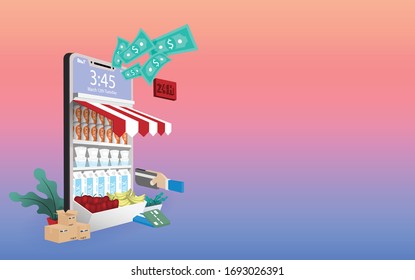 Front of grocery shop store on mobile phone.Shopping Online on Website or Mobile Application Vector Concept. Marketing. Digital marketing online store on mobile-phone.Fresh fruit,milk online store.