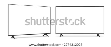 Front and half-turn view of widescreen realistic TV with blank empty white screen isolated on white background
