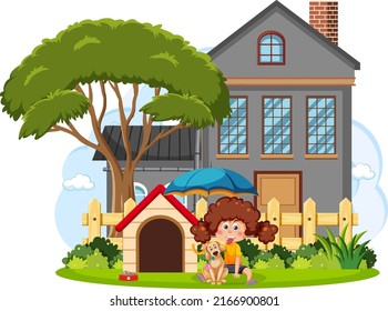 In front of a house with cartoon character illustration