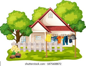 Front of house with clothes hanging on clotheslines  illustration