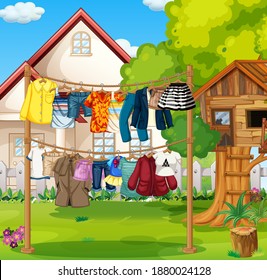 Front of house with clothes hanging on clotheslines  illustration