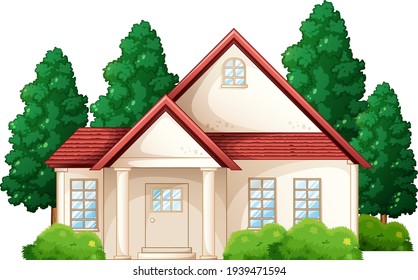 Front of a house with many tree isolated on white background illustration