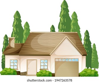 Front of a house with many tree isolated on white background illustration