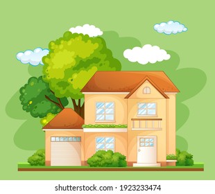 Delante de una casa con muchos árboles en la ilustración de fondo verde