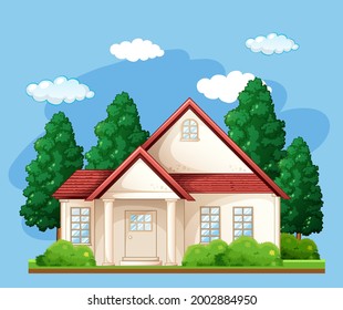 Front of a house with many tree on blue background illustration