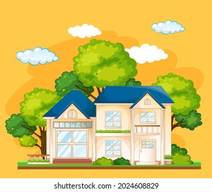 Front of a house with many tree on yellow background illustration