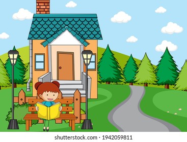 Front house scene with with a girl reading book sitting on bench illustration