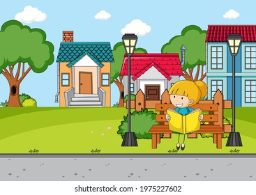 Front house scene with a girl reading book sitting on bench illustration