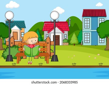 Front house scene with a girl reading book sitting on bench illustration