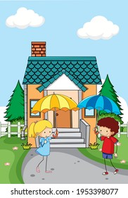Front of house scene with two kids holding umbrella illustration