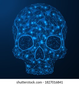 The front a human skull. The lower jaw is missing. Low-poly construction of concatenated lines and dots. Blue background.
