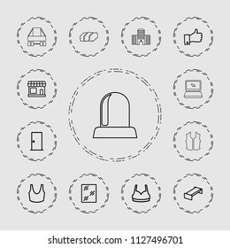 Front icon. collection of 13 front outline icons such as garden bench, store, door, window, sport bra, thumb up, sleeveless shirt. editable front icons for web and mobile.