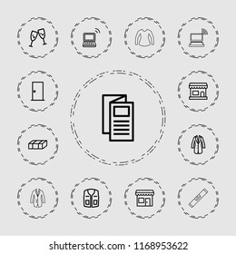 Front icon. collection of 13 front outline icons such as garden bench, door, sleeveless shirt, news, glasses clink, store, laptop. editable front icons for web and mobile.