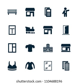 Front icon. collection of 16 front filled icons such as store, window, blouse, businessman, news, hospital building, shop, door. editable front icons for web and mobile.