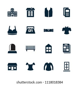 Front icon. collection of 16 front filled icons such as level ruler, window, sport bra, sleeveless shirt, news, hospital building. editable front icons for web and mobile.
