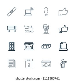 Front icon. collection of 16 front outline icons such as garden bench, door, businessman, bench, store, opened door, thumb up. editable front icons for web and mobile.